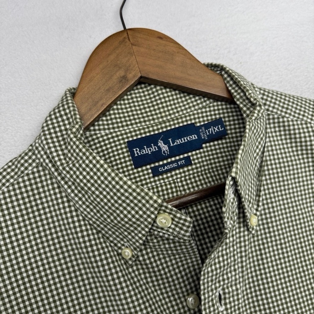 Vintage Ralph Lauren Button Down Shirt Mens 17 XL Green White Gingham Plaid 90s